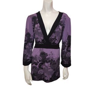 A𝅺pt. 9 Peplum V Neck Kimono Blouse  Purple and Black Floral Womens Size XL